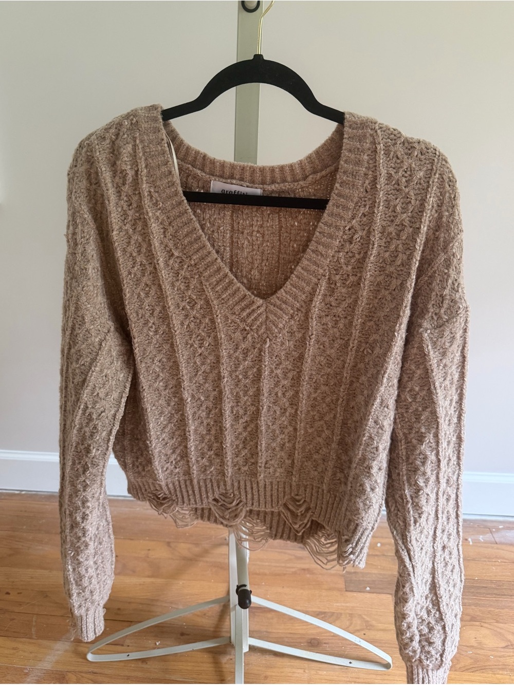V-Neck Cable Knit Sweater in Taupe